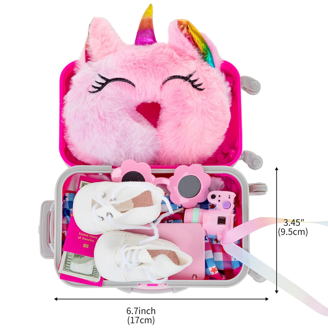 American 18 inch Doll Clothes and Accessories - Doll Travel Suitcase Play Set Including Suitcase Doll Clothes, Shoes, Sunglasses, Camera, Unicorn Pillow, for 18 inch Doll(No Doll)