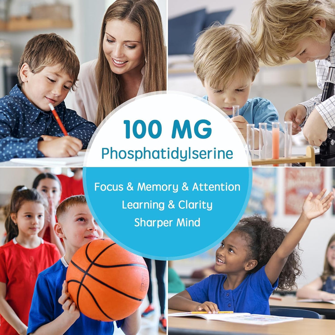Phosphatidylserine Supplement 100mg, Focus Gummies for Kids Teens + Vitamin C &amp; D3 400IU, Sugar Free Kids Brain Gummies Increase Attention &amp; Concentration, Chewable, Vegan, Gluten Free, Non-GMO 2 Pack