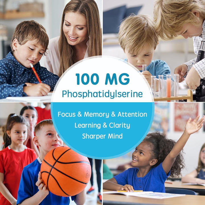 Phosphatidylserine Supplement 100mg, Focus Gummies for Kids Teens + Vitamin C &amp; D3 400IU, Sugar Free Kids Brain Gummies Increase Attention &amp; Concentration, Chewable, Vegan, Gluten Free, Non-GMO 2 Pack