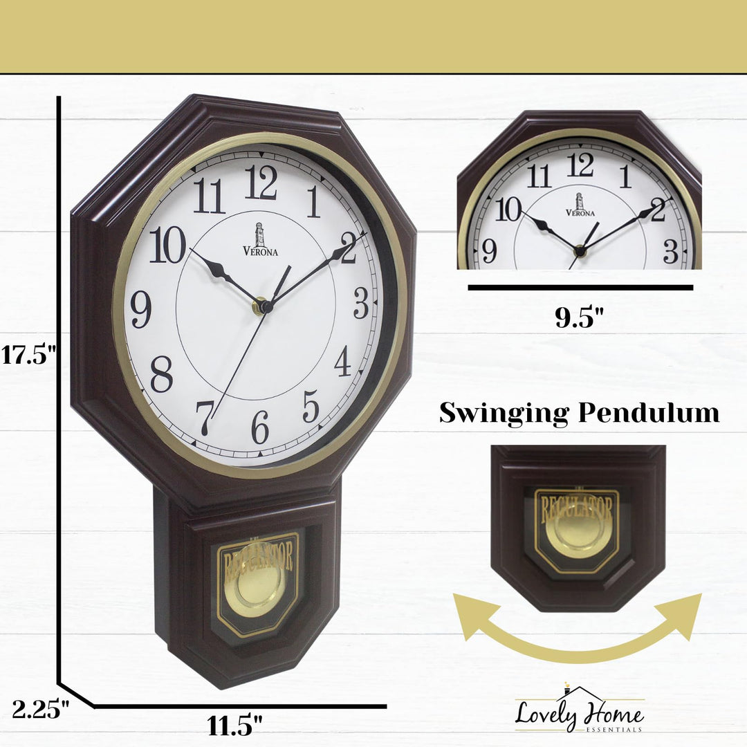 Chiming Wall Clock with Pendulum - Pendulum Wall Clock with Chimes - Schoolhouse Regulator Clock - Westminster Chime Clock Battery Operated Pendulum Clock for Living Room, Office &amp; Home Decor 17x11