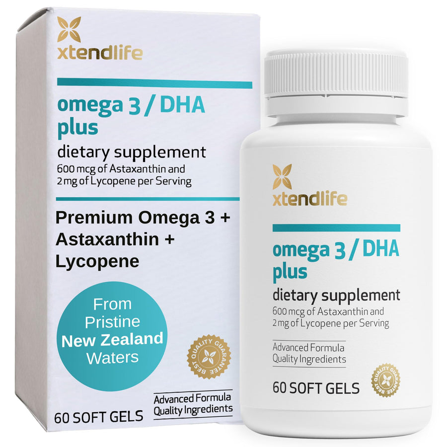 Omega 3 DHA Plus Fish Oil Supplement - 1100mg Omega-3 with DHA and EPA - Includes Lycopene and Astaxanthin to Support Heart, Brain, Eye, and Skin - 1 Month Supply (60 Count)
