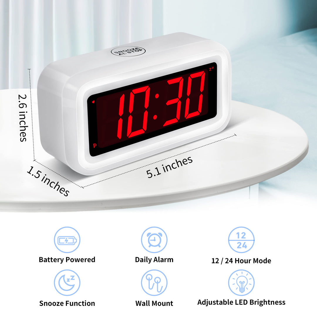 Alarm Clock, Digital Clock, Auto Night-Mode, 3-Level Led Brightness, Battery Powered, 12/24Hr, 1.2&#39;&#39; Red Digits Display, Simple Alarm Clock for Kids Adults Girls Boys, Easy to Set, Easy to Read