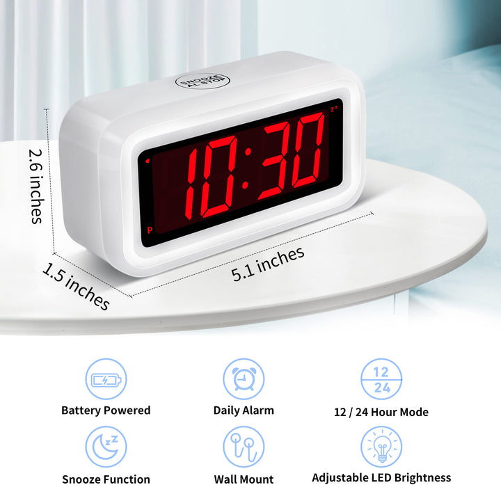 Alarm Clock, Digital Clock, Auto Night-Mode, 3-Level Led Brightness, Battery Powered, 12/24Hr, 1.2&#39;&#39; Red Digits Display, Simple Alarm Clock for Kids Adults Girls Boys, Easy to Set, Easy to Read
