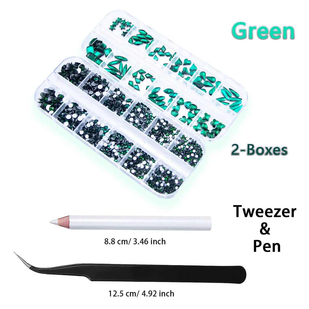 1920Pcs Emerald Green Rhinestones for Nails, Green Flatback Rhinestones Gems Crystals Glass Stones Multi Shapes Sizes Nail Rhinestones with Tweezers Pen for Nail DIY Crafts Clothes Shoes Jewelry
