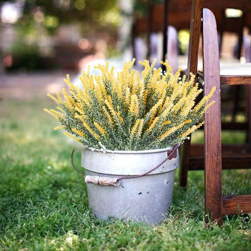 TENCHY Artificial Lavender Fake Flowers, 6 Bundles Yellow Lifelike Faux Foliage Plants Shrubs for Wedding Bouquets, Outside Hanging Planter, Farmhouse Indoor Outdoor Patio Home Decor