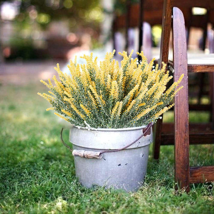 TENCHY Artificial Lavender Fake Flowers, 6 Bundles Yellow Lifelike Faux Foliage Plants Shrubs for Wedding Bouquets, Outside Hanging Planter, Farmhouse Indoor Outdoor Patio Home Decor