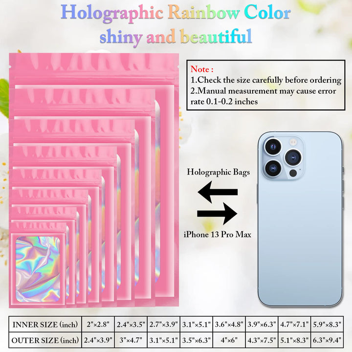 100 Pieces Smell Proof Mylar Bags, Holographic Packaging Bags, Resealable Odor Foil Pouch Zipper Bags with Clear Window for Food Storage and Lipgloss, Jewelry Lash (Pink, 3 x 4.7 Inch)