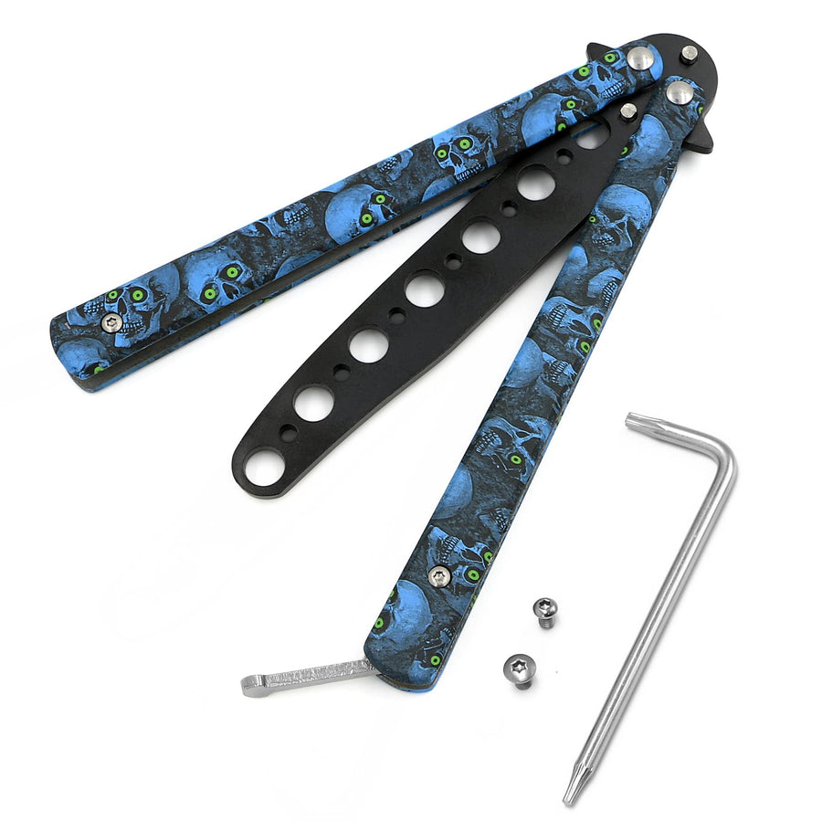 Practice Finger Trainer Tool, Steel Metal Folding Balisong Tool with Latch for Training and Practicing Flipping Tricks - Blue