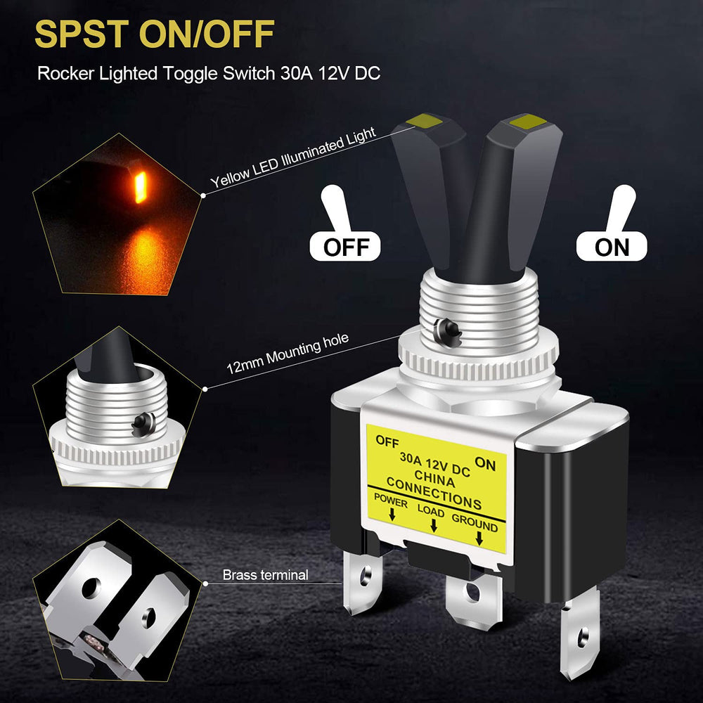 /3Pcs Rocker Lighted Toggle Switch 30A 12V DC SPST ON/Off 3Pin Car Automotive Boat with Yellow LED Illuminated Light