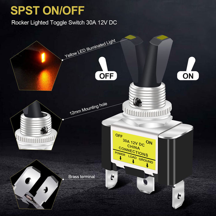 /3Pcs Rocker Lighted Toggle Switch 30A 12V DC SPST ON/Off 3Pin Car Automotive Boat with Yellow LED Illuminated Light