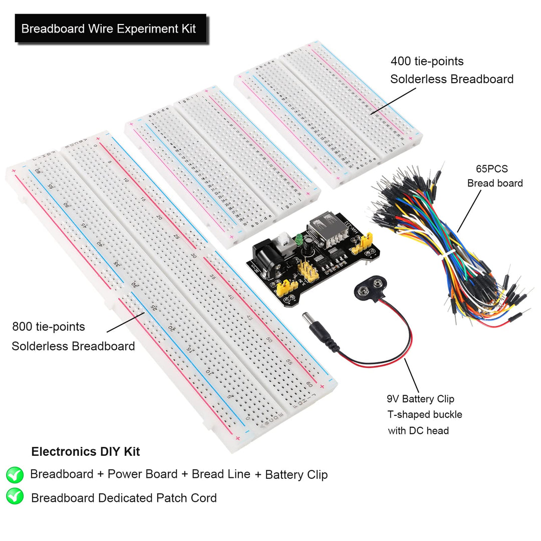 Breadboard Jumper Wire Kit with Power Supply Module and Battery Clip,1PCS 830 tie-Points Breadboard &amp; 2PCS 400 tie-Points Breadboard &amp; 65PCS Breadboard Jumper Wires(12/16/20/25cm)