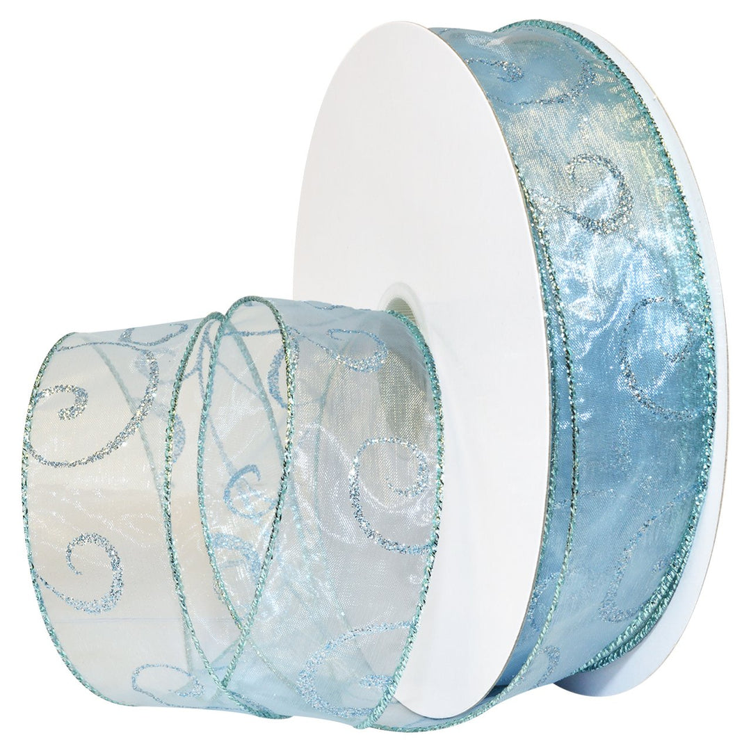 Swirl Wired Sheer Glitter Ribbon 1-1/2 inch by 50 Yards, Ice Blue