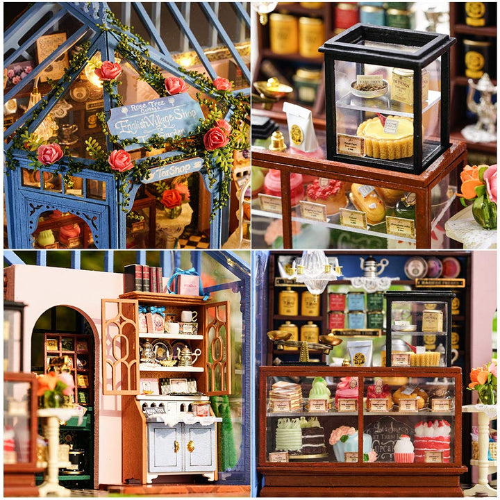 DIY Dollhouse Miniature Kit with Furniture, 3D Wooden Miniature House with Music Box Dollhouse Kit (Garden Tea House)
