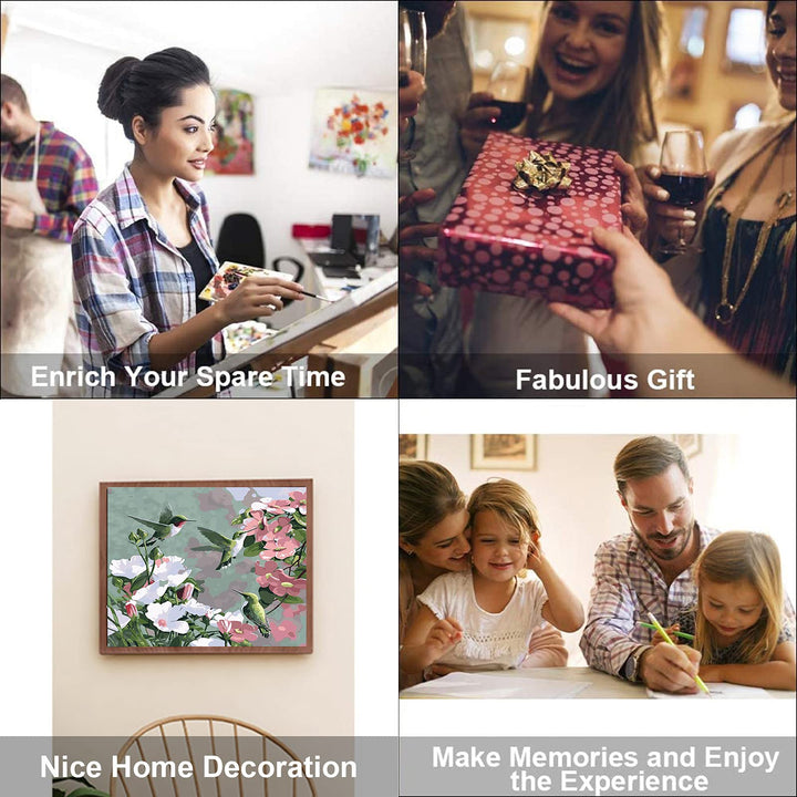 Paint by Numbers for Adults Beginner Kids,DIY Adult Paint by Number Kits on Canvas No Framed,Flowers and Hummingbird Acrylic Painting with 3 Brushes Easy Crafts Hobby for Women Oil Painting Kit