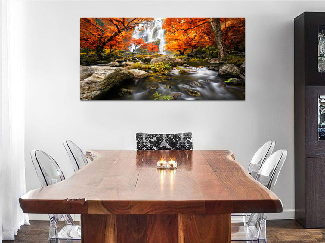 Landscape Canvas Wall Art Waterfall Nature Forest Scenery Painting, Modern Scene Artwork Mountain Scenery Picture Framed for Living Room Bedroom Bathroom Home Office Decor, Large Size 48x24
