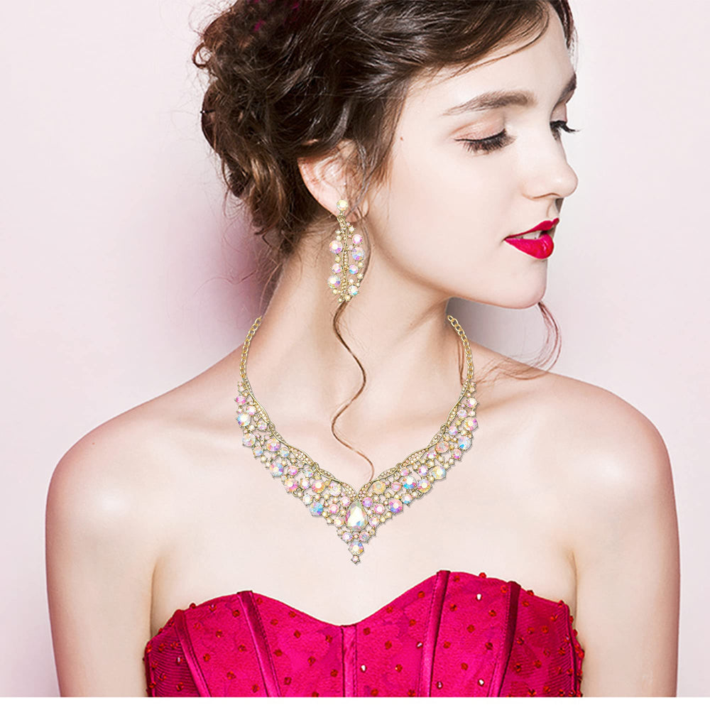 Elegant Austrian Crystal V-Shaped Statement Necklace Earrings Set Bridal Wedding Prom Costume Jewelry For Bride Bridesmaid (AB crystal)