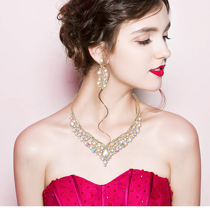 Elegant Austrian Crystal V-Shaped Statement Necklace Earrings Set Bridal Wedding Prom Costume Jewelry For Bride Bridesmaid (AB crystal)