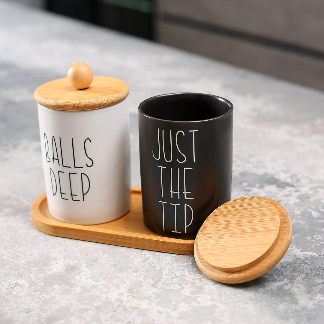 Funny Qtip Holder and Cotton Ball Holder Set for Bathroom Organization. Apothecary Jars with Bamboo Tray are Great for Black and White Bathroom Decor, Rustic Bathroom Decor. (Ceramic&amp;Tray)