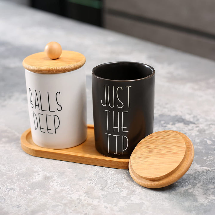 Funny Qtip Holder and Cotton Ball Holder Set for Bathroom Organization. Apothecary Jars with Bamboo Tray are Great for Black and White Bathroom Decor, Rustic Bathroom Decor. (Ceramic&amp;Tray)