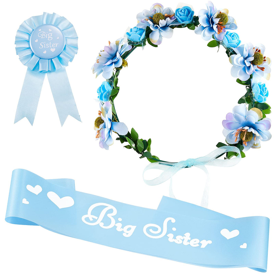 3 Pcs Big Sister Accessory Set Big Sister Flower Crown Satin Sash Pin Big Sister Gifts for Baby Shower Party(Blue)