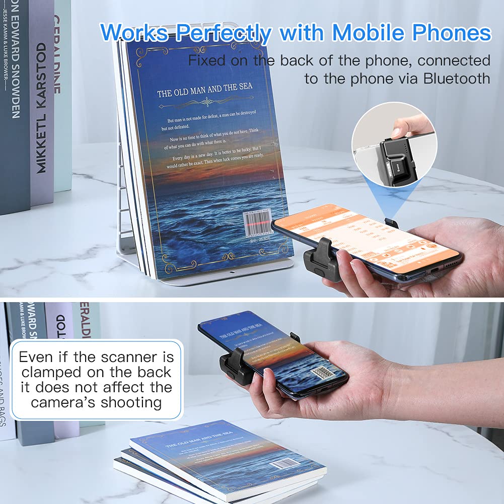 2D QR Bluetooth Barcode Scanner, Mini Wireless Back Clip-on Phone Bar Code Scanner for 1D QR PDF417 Data Matrix Code Reader, Work with iPhone, Android, iOS for Warehouse Library Book Inventory