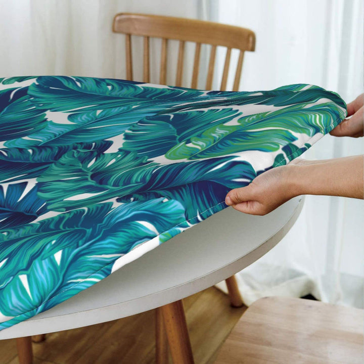Tropical Palm Leaves Round Tablecloth Elastic Fitted Table Cover Washable Elastic Edge Tablecloths for Kitchen Dining Party Fitted Table 45-50 inch