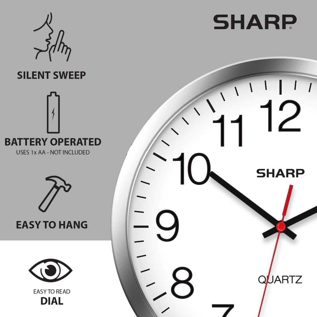 Sharp Wall Clock – Silver/Chrome, Silent Non Ticking 10