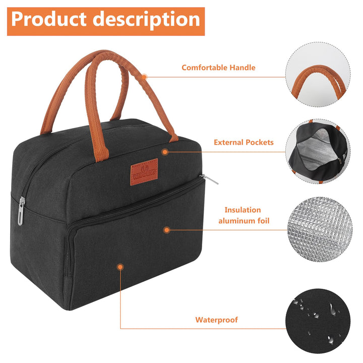 Lunch Bag for Women/Men, Insulated Lunch Box Bag for Women Adult Men, Small Leakproof Lunch Tote Bag, Reusable Lunch Cooler bag Container for Work/Office/Picnic/Travel -Balck