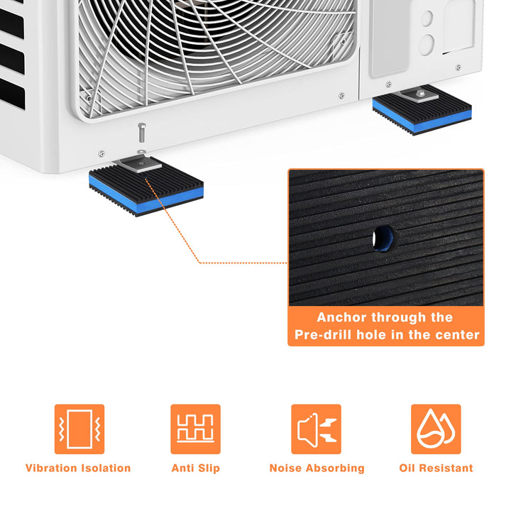 Rubber Anti-Vibration Pad, 4 x 4 x 7/8 Heavy Duty Ribbed Rubber with Blue EVA Center Isolation Pads for HVAC, Air Compressor, Treadmill, Washer and Dryer, Air Conditioner Units, Pack of 4