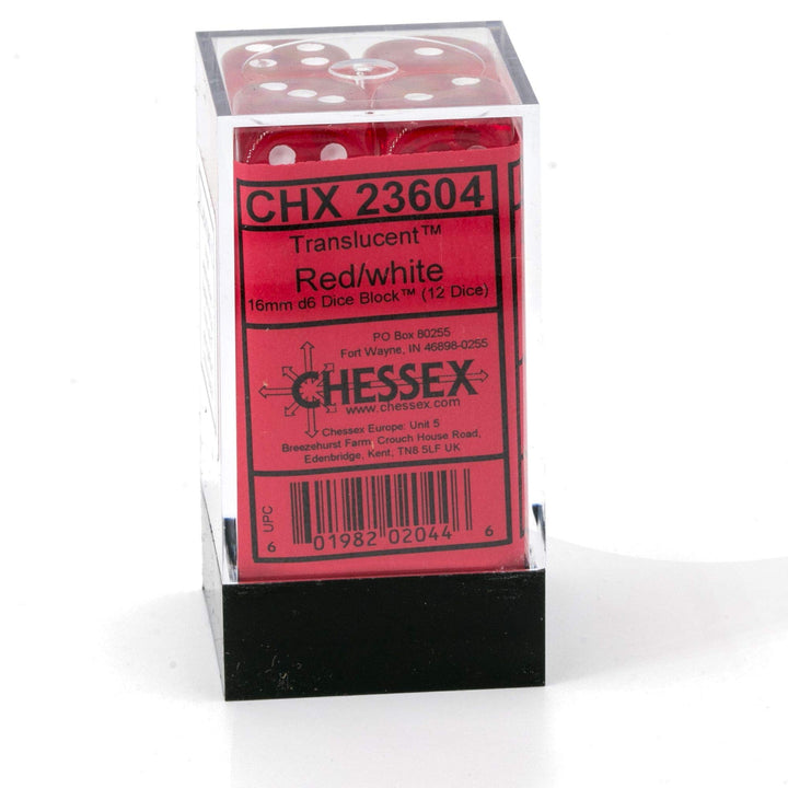 Chessex Translucent 16mm d6 Red w/White Dice Block 12 p
