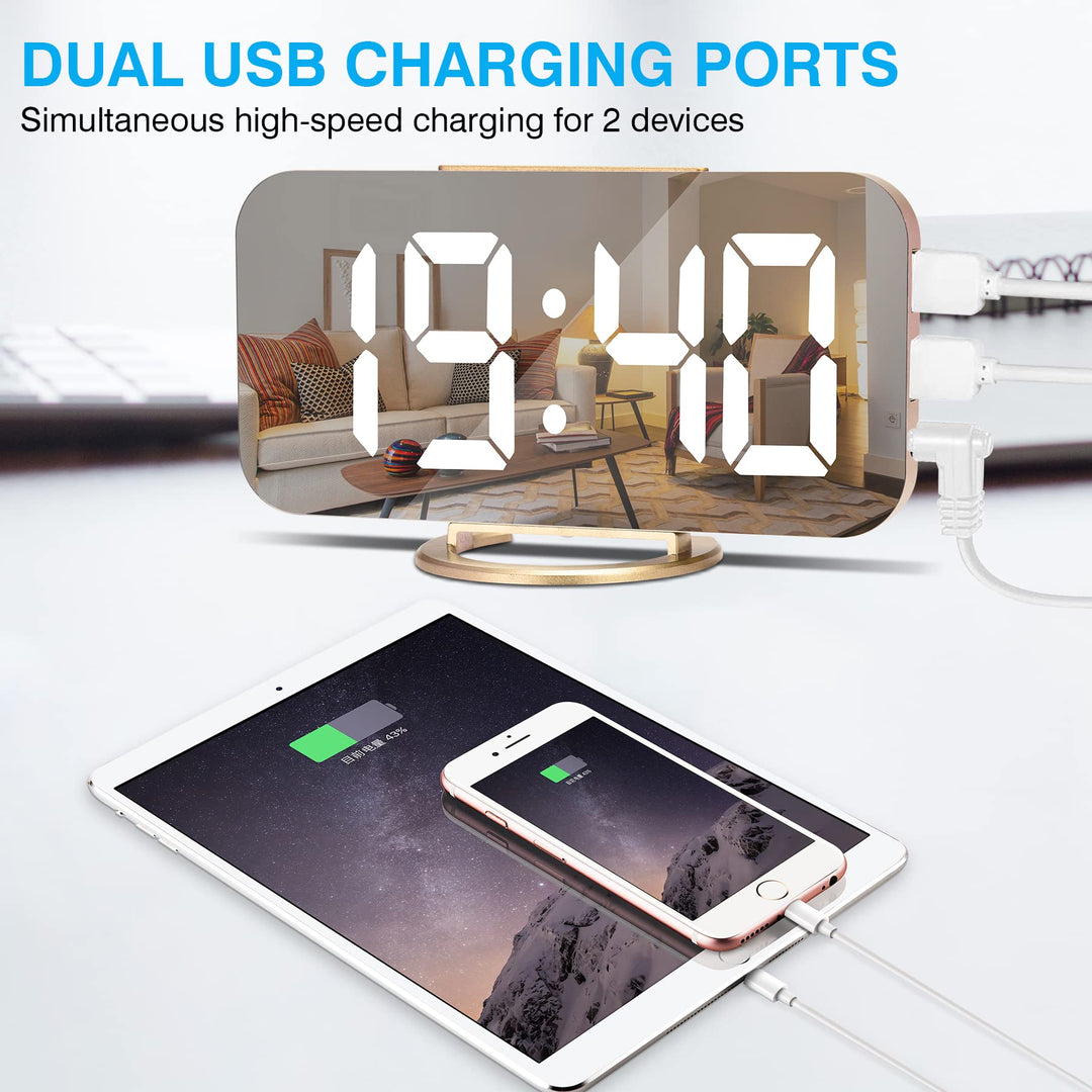 Digital Alarm Clock,6 Large LED Display with Dual USB Charger Ports | Auto Dimmer Mode | Easy Snooze Function, Modern Mirror Desk Wall Clock for Bedroom Home Office for All People (Gold)
