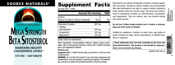 Mega Strength Beta Sitosterol, Plant Sourced, 375mg - 240 Tablets
