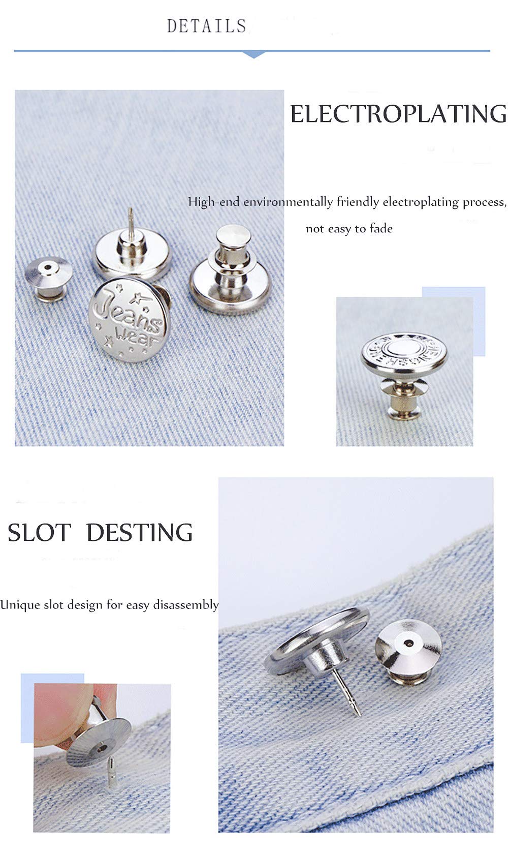 30pcs Button Pins for Jeans,6 Style Jean Button Pins Instant Buttons Jean Button Adjustable Jean Button Pins for Adjusting Waist.