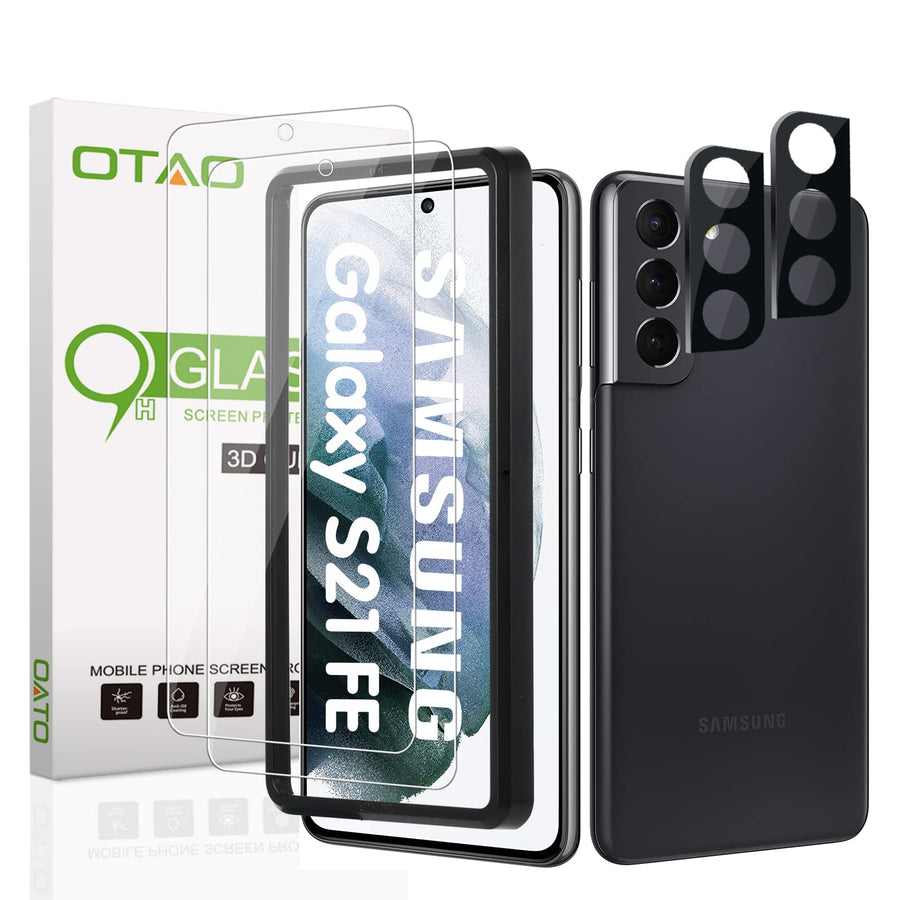 [2+2 PACK] Glass Screen Protector and Camera Lens Protector for Samsung Galaxy S21 FE 5G(2022)(NOT for S21) with Easy Installation Tray Tempered Glass, 0.33mm, Anti Scratch, Bubble Free
