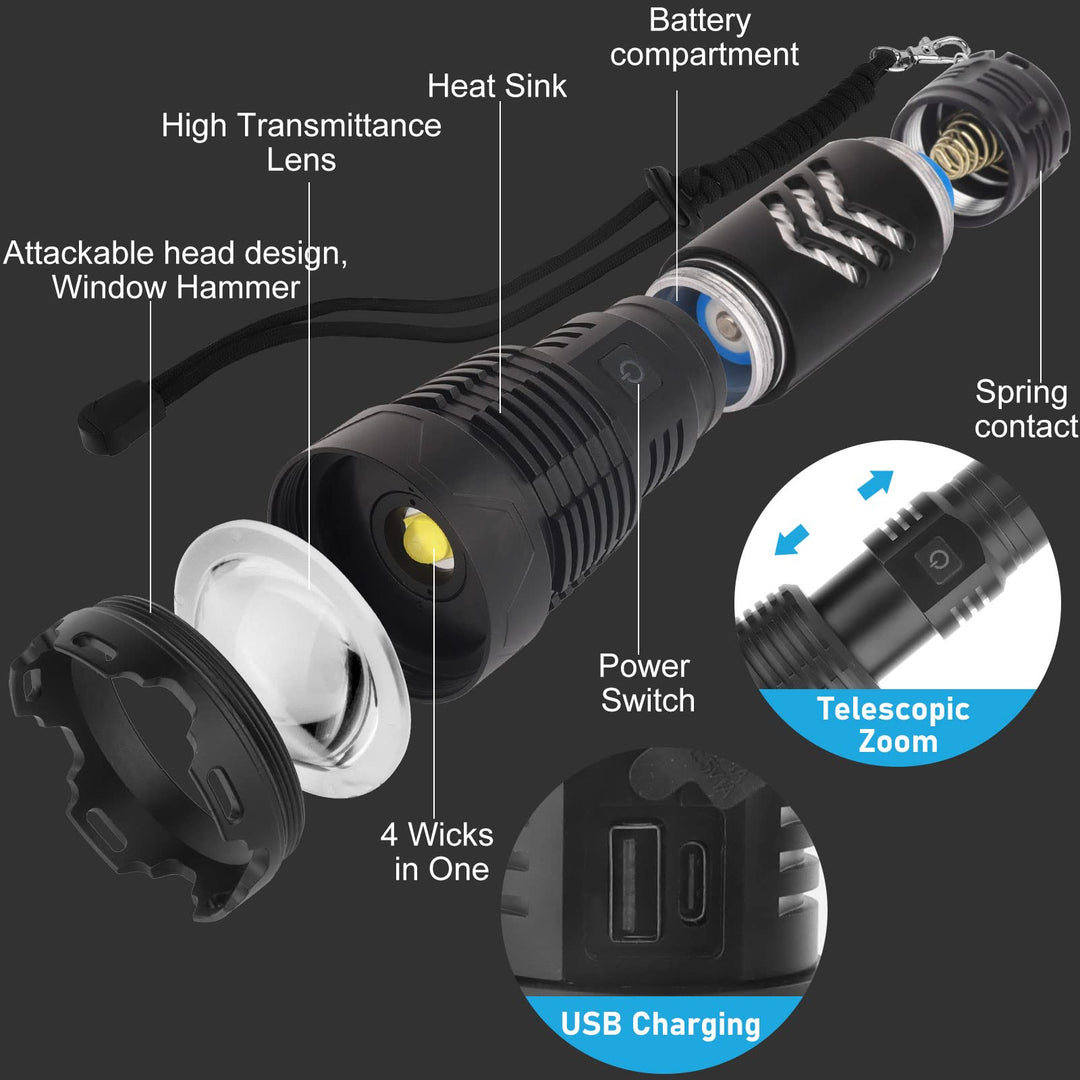 Rechargeable LED Flashlights High Lumens, 120000 Lumen Super Bright Powerful Flashlight, 5 Light Modes, Zoomable, IPX6 Waterproof Flashlights for Outdoor
