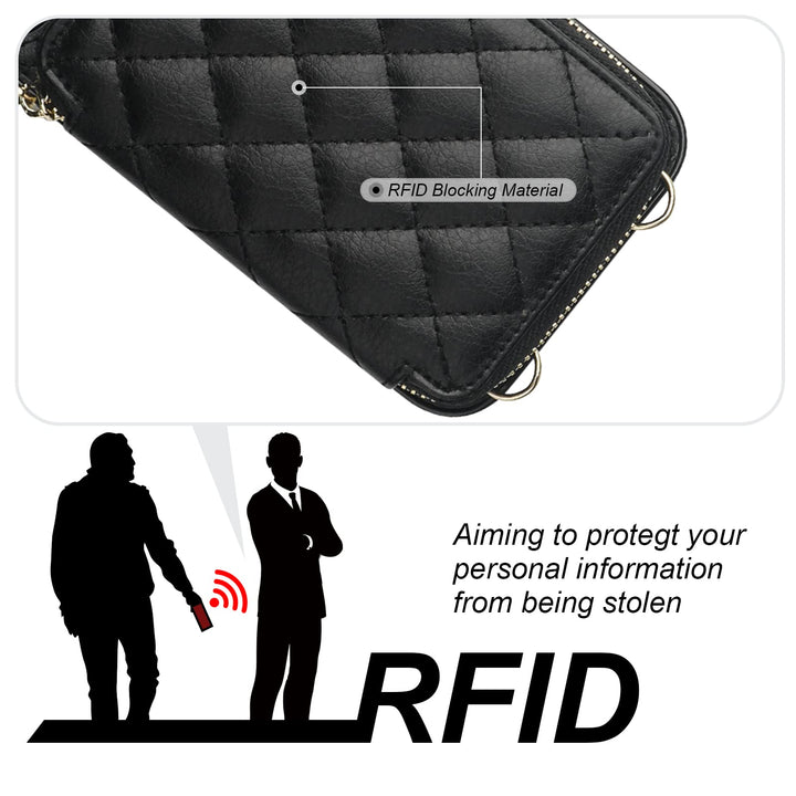 Crossbody Wallet Case for iPhone 13 Pro Max, RFID Blocking PU Leather Zipper Handbag Purse Flip Cover, Kickstand Folio Case with Card Slots Holder Wrist Strap Lanyard 5G 6.7 Inch (Black)