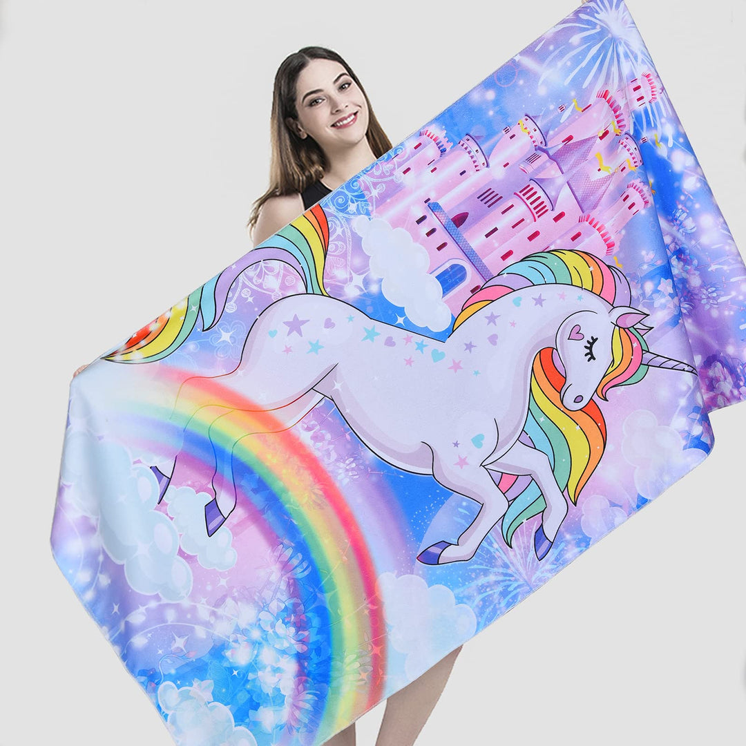 Microfiber Unicorn Beach Towel Oversized, Sand Free Girls Rainbow Beach Towels for Girls, Fantasy Castle Bath Towel Large, Absorbent Sup Soft Bathroom Towel for Girls, Women, 31.5 x 59.1 Inch