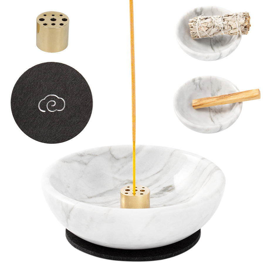 4 in 1 Incense Burner, Marble Palo Santo Holder, Smudge Bowl for White Sage, Sage Holder Incense Cone Holder 4.7 inches Ash Catcher Tray for Meditation