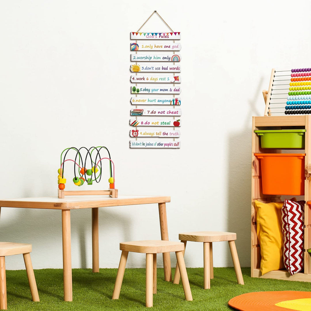 God Rules Sign Wall Decor 11 Pieces Wooden Hanging Wall Art Inspirational Religious Art Wall Decors Ten Commandments for Bedroom Classroom Playroom Decor Christian Gift