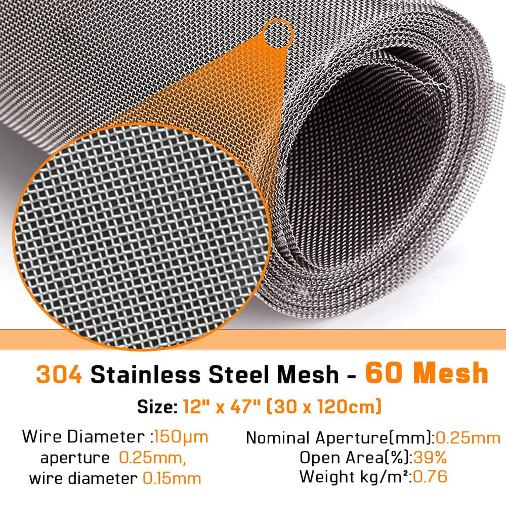 304 Stainless Steel Screen Woven Wire 60 Mesh Metal Mesh Screen 30 X 120CM Roll for Filtration Air Vent Mesh