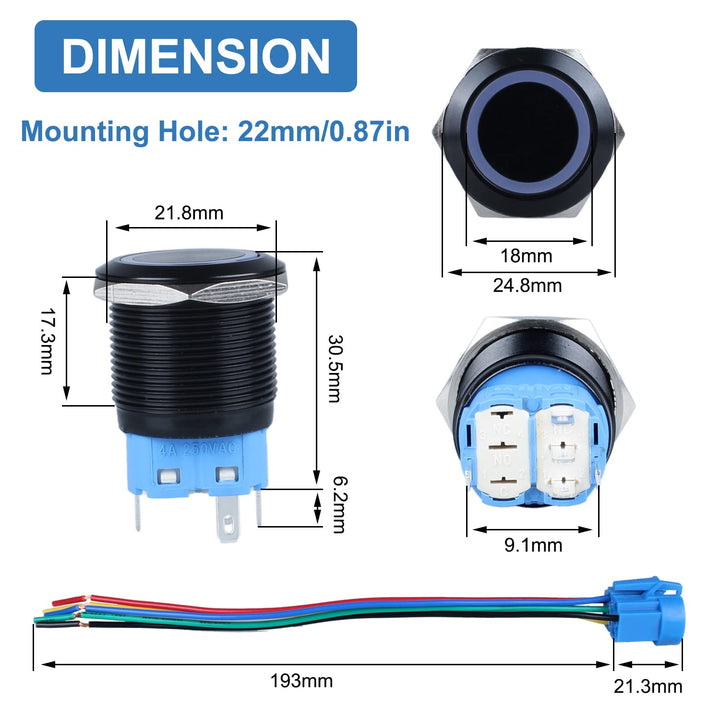 2PCS 22mm Metal Latching Push Button Switch Waterproof Anti-Vandal Black Shell with Pre-Wired Socket for 7/8 Mounting Hole 12V-24V ON Off 1NO 1NC Halo Ring Red LED