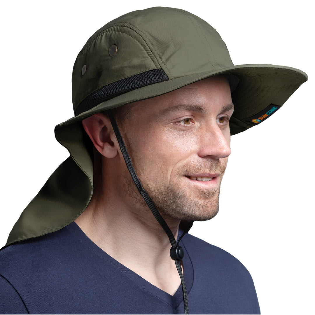 Sun Hat for Men, Wide Brim Fishing Hat Neck Flap Cover Men Women, Hiking Safari, UV Sun Protection Summer Gardening Beach Camping UPF 50+, Olive