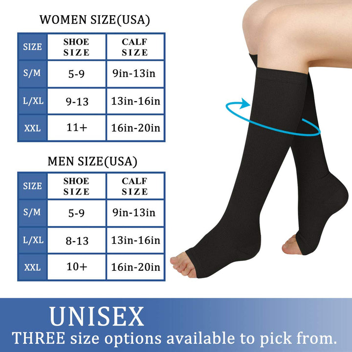 3 Pairs Open Toe Compression Socks Women Knee High Toeless 15-25 mmHg