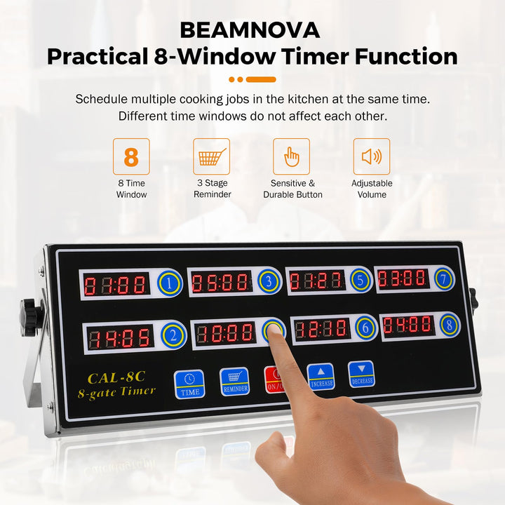 8-Channel Digital Kitchen Timer Commercial Cooking Fryer Reminder Loud Ring Alarm Stainless Steel Adjustable Volume