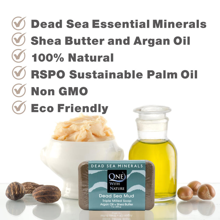 Dead Sea Mineral Mud Soap Bar, 7 oz, Fragrance Free, Shea Butter, Argan Oil, Magnesium, Sulfur, 21 Minerals, Soothes Skin, Exfoliates