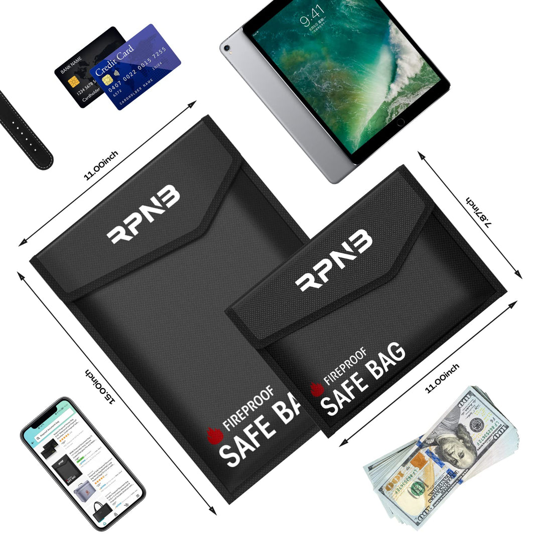 Fireproof Document Bag(2000), 2-Pack, Non-Itchy Silicone Coated Fiberglass Fire and Water Safe Bag with TPU Zipper &amp; Wider Airtight Velcro, Fireproof Bag Pouch for Valuables, Cash and Tablet