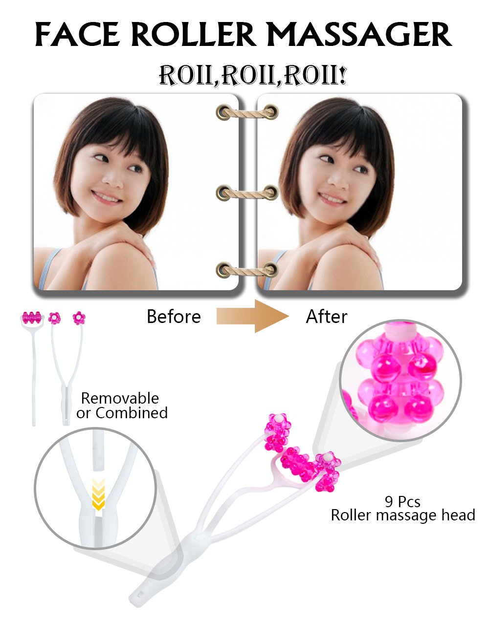 2 In 1 Face Roller Massager for Face Tightening and Lifting, 3D Roller Face Massager Double Chin Remover, Face Slimming Massager Neckline Slimmer Jaw Exerciser Facial Lift Roller Body Massager Tool