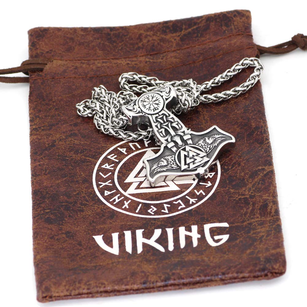 Nordic Viking Stainless Steel Thor Mjolnir Odin Raven Valknut Vegvisir Pendant Necklace with Valknut Gift Bag