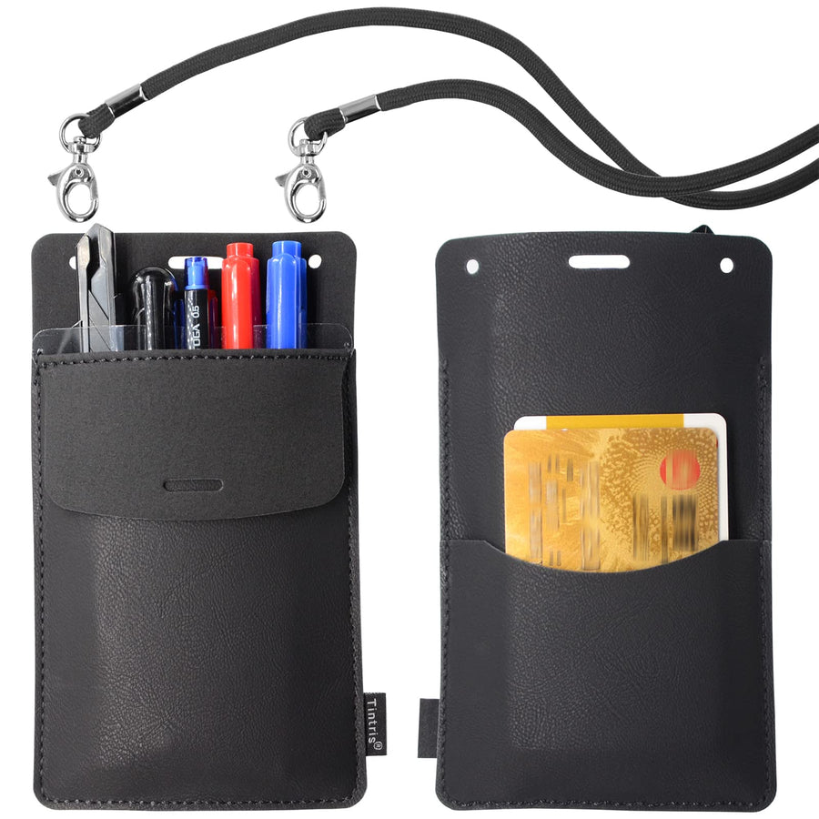 Pocket Protector, 3 Pack Leather Pen Pencil Holder Pouch Organizer for Men Pocket Shirt Lab Coat Small Tools, Designed with a Lanyard & an Extra Back Pocket, Thick PU Leather, Black