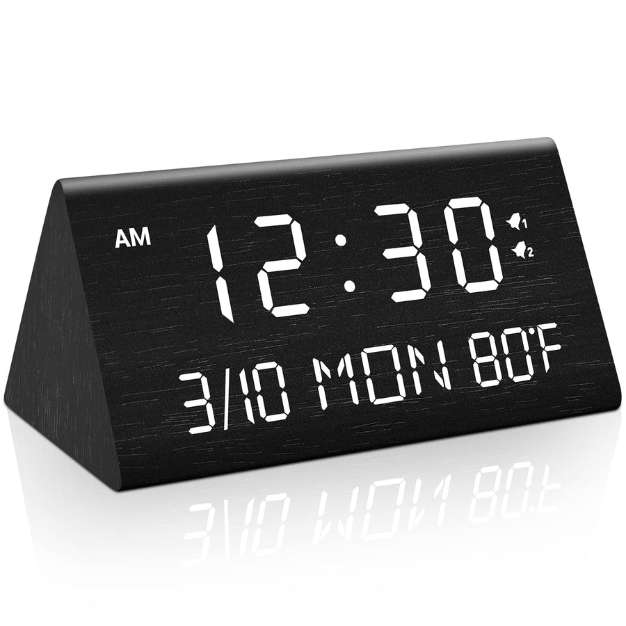 Wooden Digital Alarm Clock, 0-100% Dimmer, 2 Alarm Settings, Weekday/Everyday Mode, 9 Mins Snooze, 12/24H, Temperature and Date Display for Office, Travel, Bedroom Alarm Clock (Black)